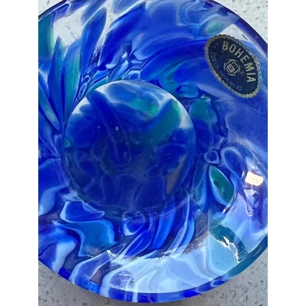 Bohemia Czech Republic Vase Blue & Green Swirl Blown Glass  6” READ Gift Art